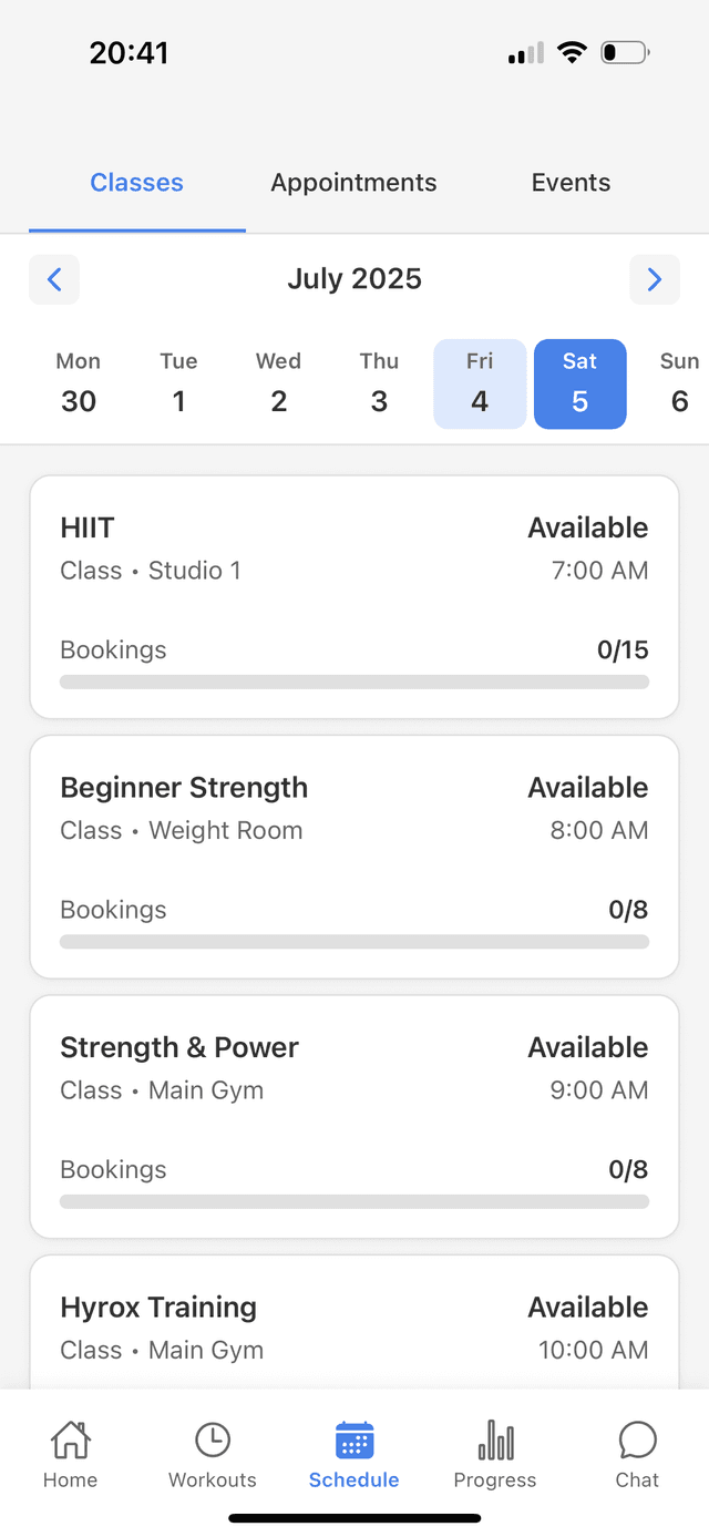 SetOne Client App - Session and class booking interface