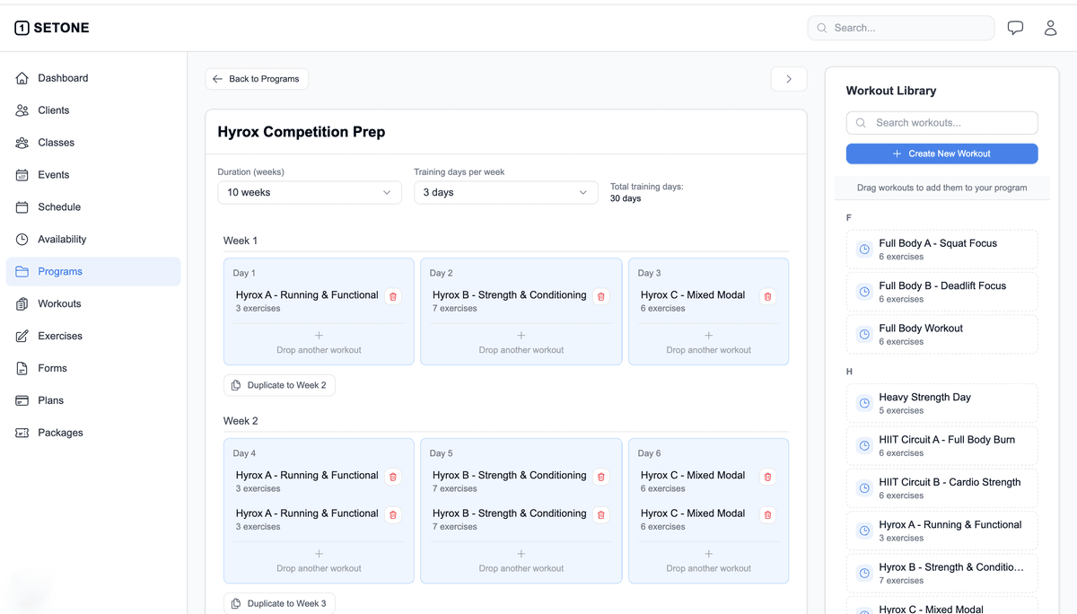 SetOne Program Builder - Create multi-week training programs