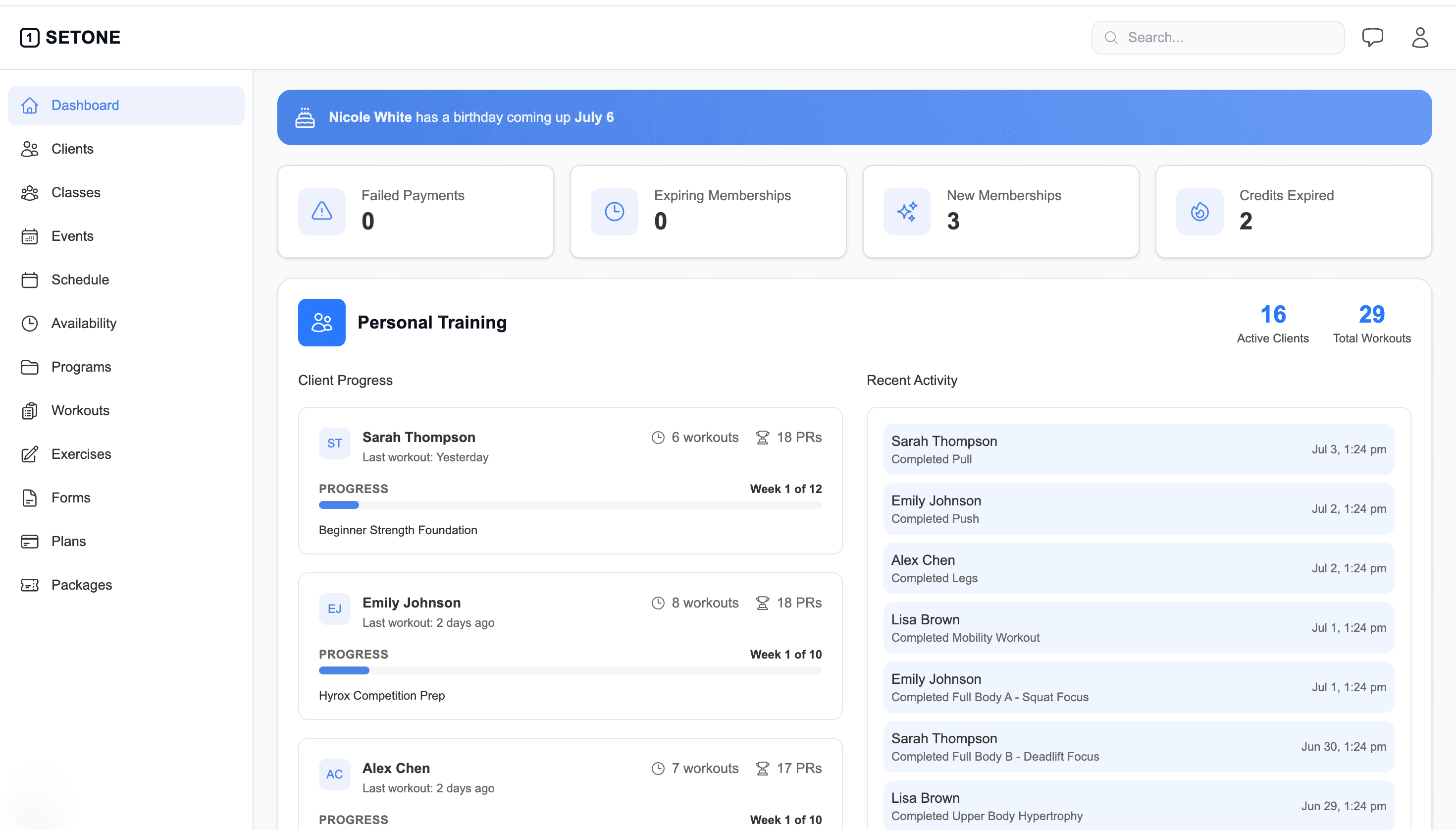 SetOne Trainer Dashboard - Complete fitness business management