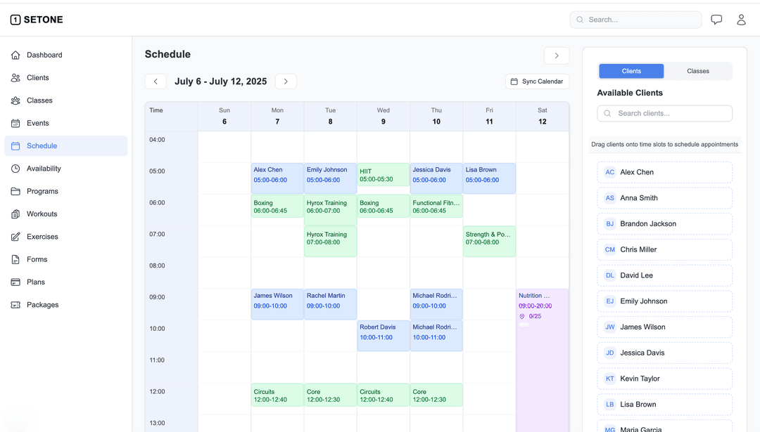 SetOne Trainer Schedule - Backend scheduling view