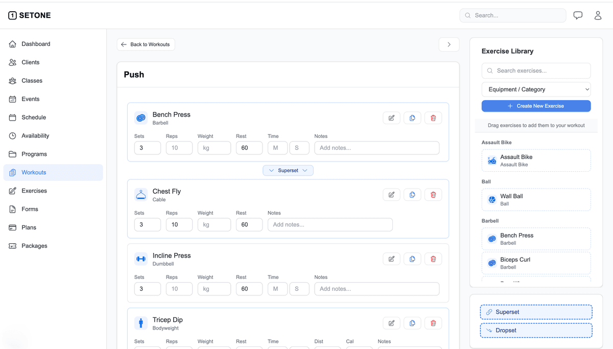 SetOne Workout Builder - Create custom workouts with exercise library